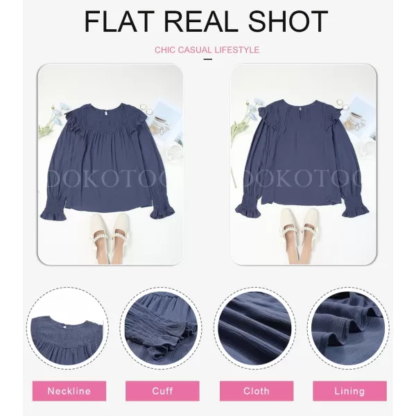 Dokotoo Casual Womens Tops Bubble Long Sleeve Crewneck Smocked Ruffle Shirts Blouses