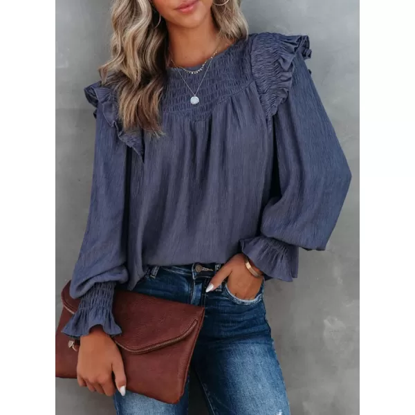 Dokotoo Casual Womens Tops Bubble Long Sleeve Crewneck Smocked Ruffle Shirts Blouses