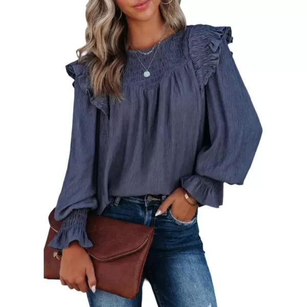 Dokotoo Casual Womens Tops Bubble Long Sleeve Crewneck Smocked Ruffle Shirts Blouses
