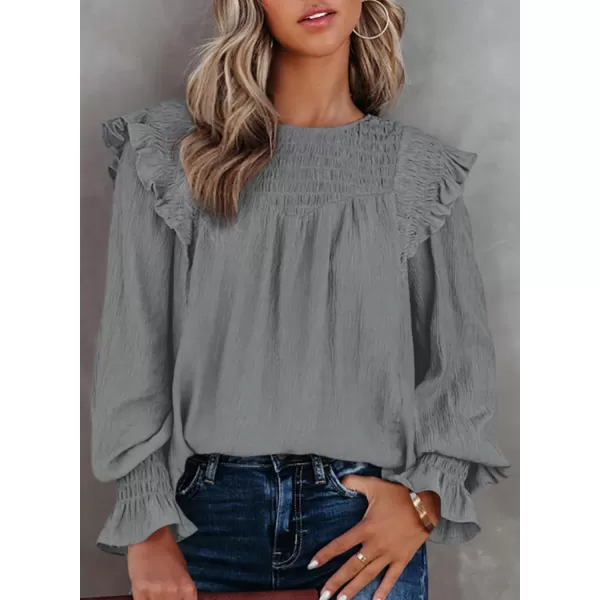 Dokotoo Casual Womens Tops Bubble Long Sleeve Crewneck Smocked Ruffle Shirts Blouses