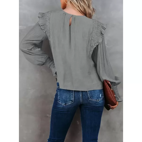 Dokotoo Casual Womens Tops Bubble Long Sleeve Crewneck Smocked Ruffle Shirts Blouses