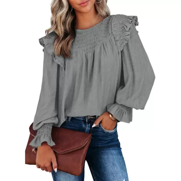 Dokotoo Casual Womens Tops Bubble Long Sleeve Crewneck Smocked Ruffle Shirts Blouses