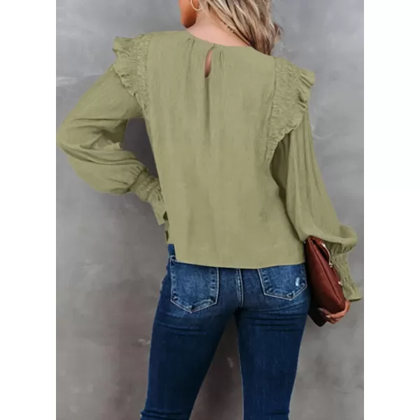 Dokotoo Casual Womens Tops Bubble Long Sleeve Crewneck Smocked Ruffle Shirts Blouses