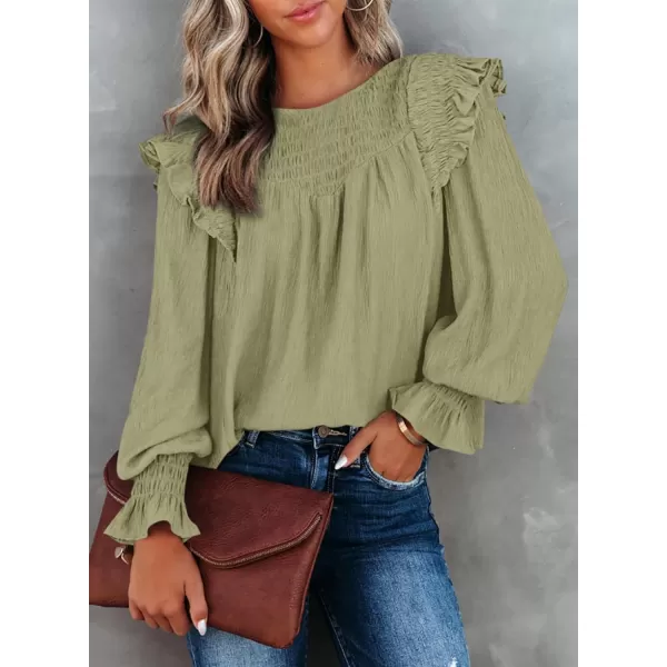 Dokotoo Casual Womens Tops Bubble Long Sleeve Crewneck Smocked Ruffle Shirts Blouses