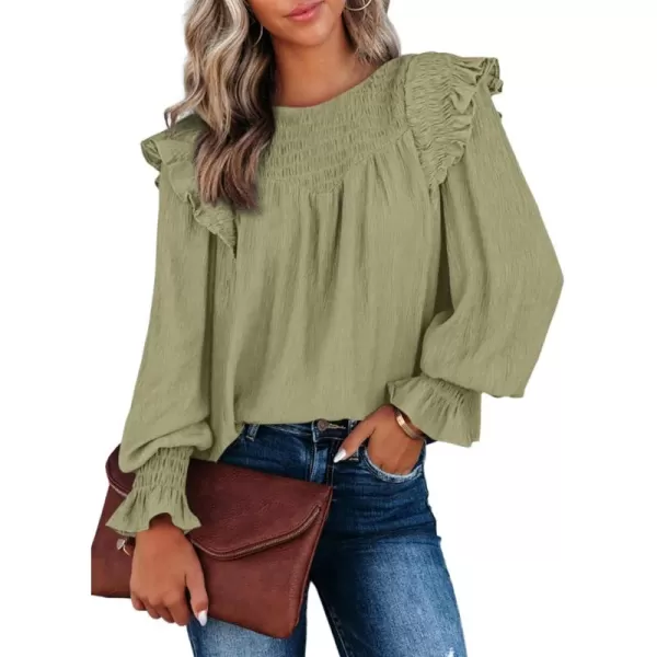 Dokotoo Casual Womens Tops Bubble Long Sleeve Crewneck Smocked Ruffle Shirts Blouses