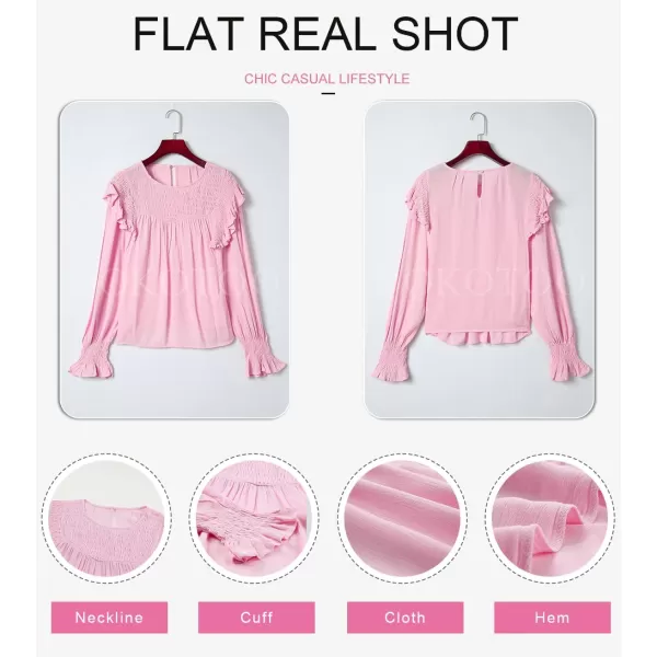Dokotoo Casual Womens Tops Bubble Long Sleeve Crewneck Smocked Ruffle Shirts Blouses