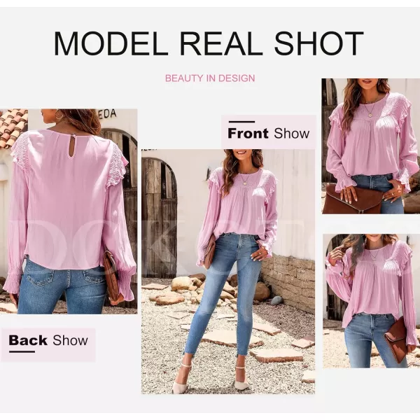 Dokotoo Casual Womens Tops Bubble Long Sleeve Crewneck Smocked Ruffle Shirts Blouses