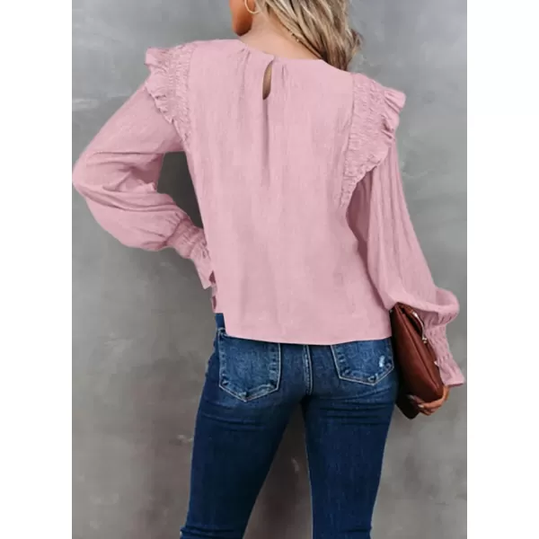 Dokotoo Casual Womens Tops Bubble Long Sleeve Crewneck Smocked Ruffle Shirts Blouses