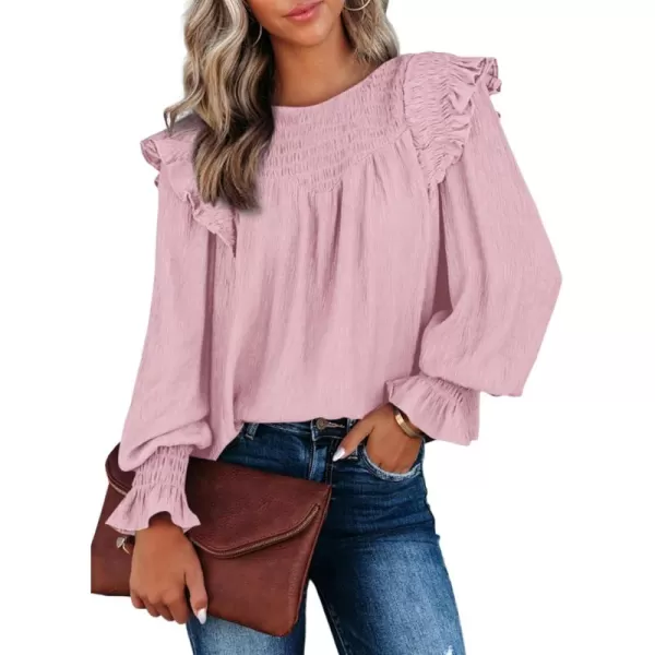 Dokotoo Casual Womens Tops Bubble Long Sleeve Crewneck Smocked Ruffle Shirts Blouses