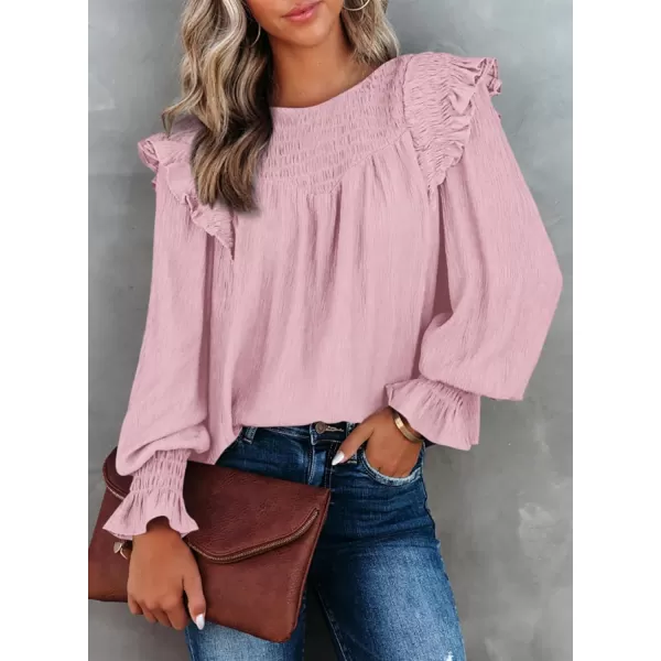 Dokotoo Casual Womens Tops Bubble Long Sleeve Crewneck Smocked Ruffle Shirts Blouses
