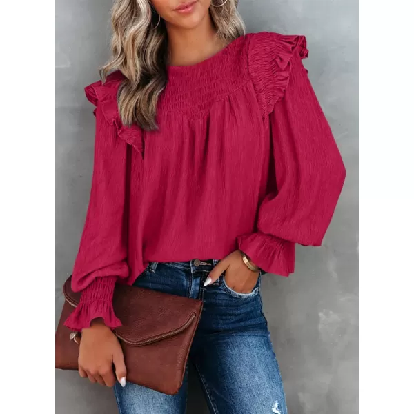 Dokotoo Casual Womens Tops Bubble Long Sleeve Crewneck Smocked Ruffle Shirts Blouses