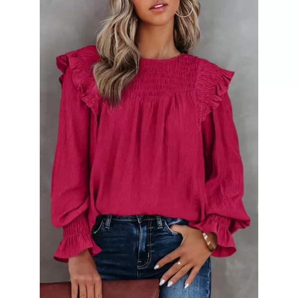 Dokotoo Casual Womens Tops Bubble Long Sleeve Crewneck Smocked Ruffle Shirts Blouses