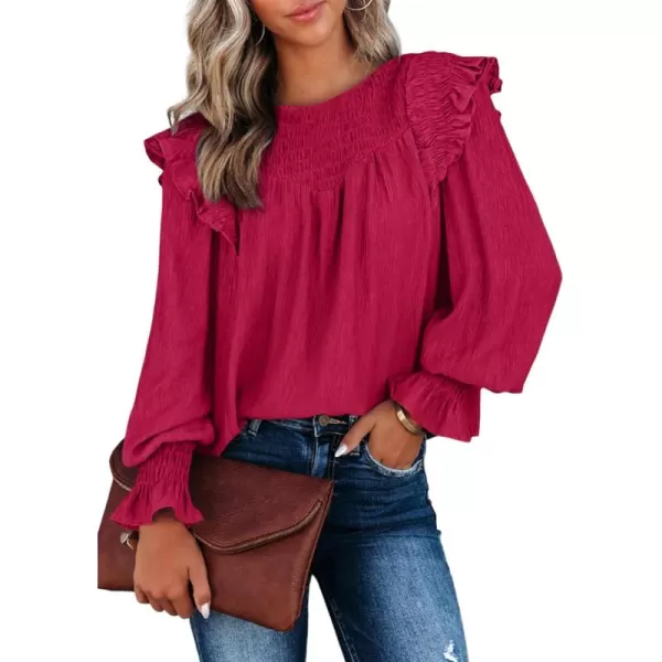 Dokotoo Casual Womens Tops Bubble Long Sleeve Crewneck Smocked Ruffle Shirts Blouses