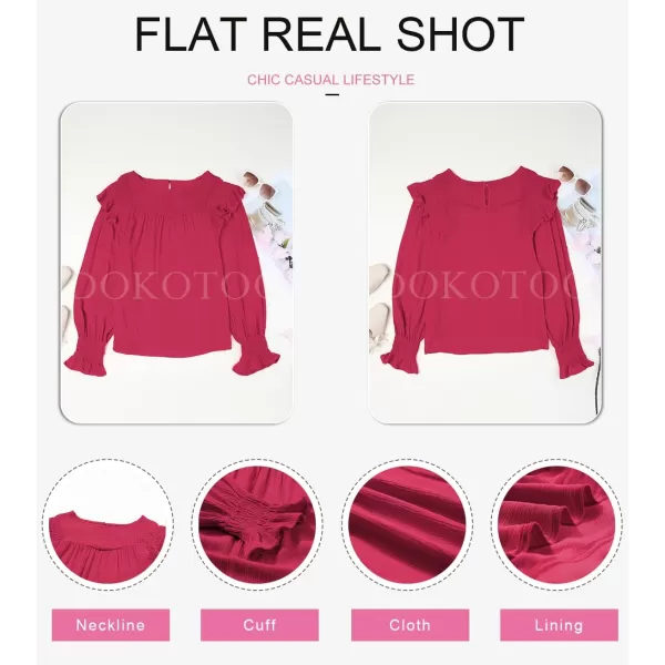 Dokotoo Casual Womens Tops Bubble Long Sleeve Crewneck Smocked Ruffle Shirts Blouses