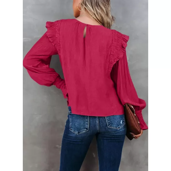 Dokotoo Casual Womens Tops Bubble Long Sleeve Crewneck Smocked Ruffle Shirts Blouses