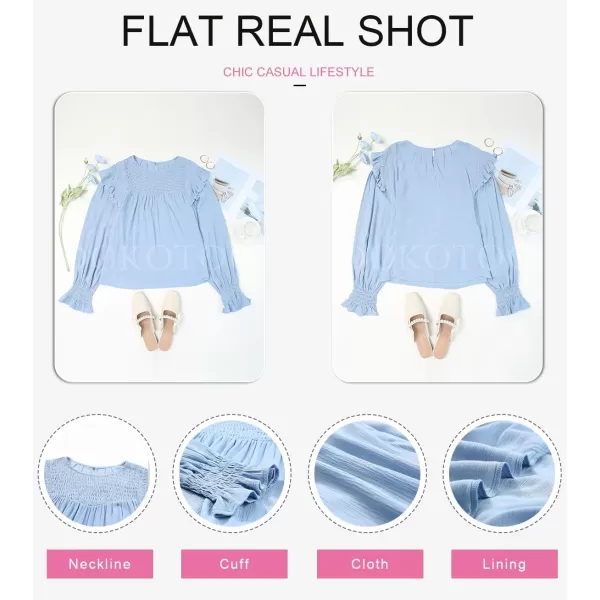Dokotoo Casual Womens Tops Bubble Long Sleeve Crewneck Smocked Ruffle Shirts Blouses