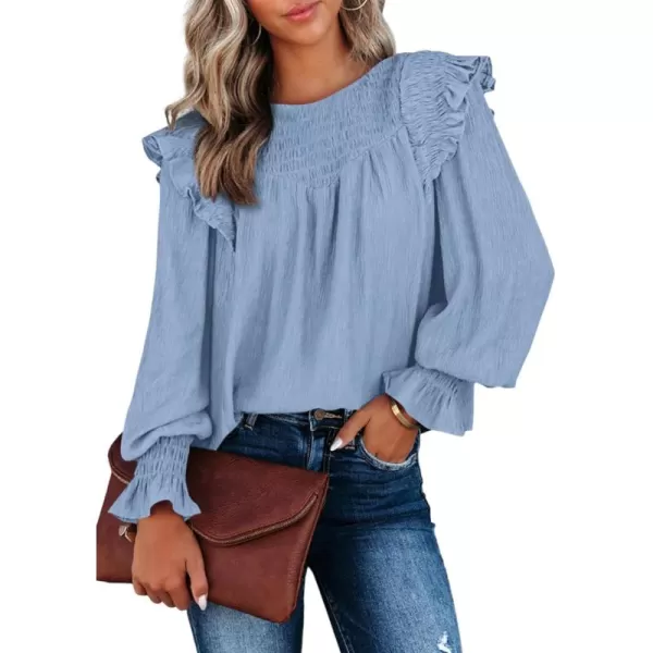 Dokotoo Casual Womens Tops Bubble Long Sleeve Crewneck Smocked Ruffle Shirts Blouses