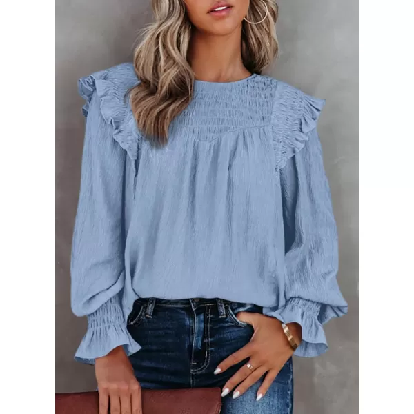 Dokotoo Casual Womens Tops Bubble Long Sleeve Crewneck Smocked Ruffle Shirts Blouses