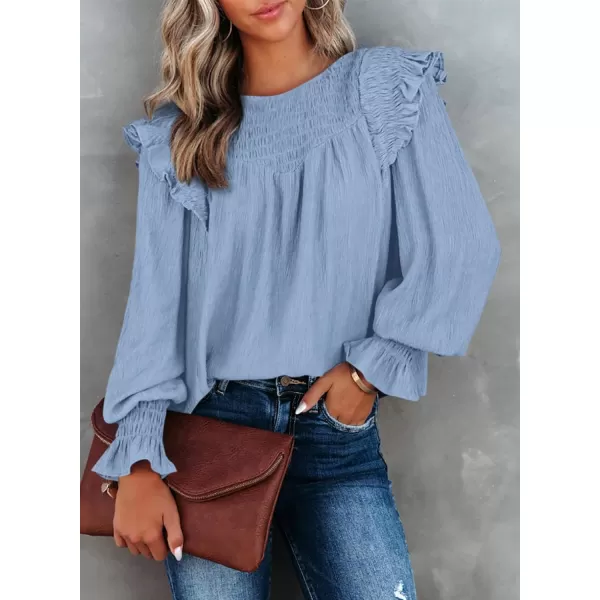 Dokotoo Casual Womens Tops Bubble Long Sleeve Crewneck Smocked Ruffle Shirts Blouses