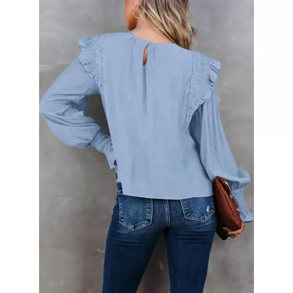 Dokotoo Casual Womens Tops Bubble Long Sleeve Crewneck Smocked Ruffle Shirts Blouses