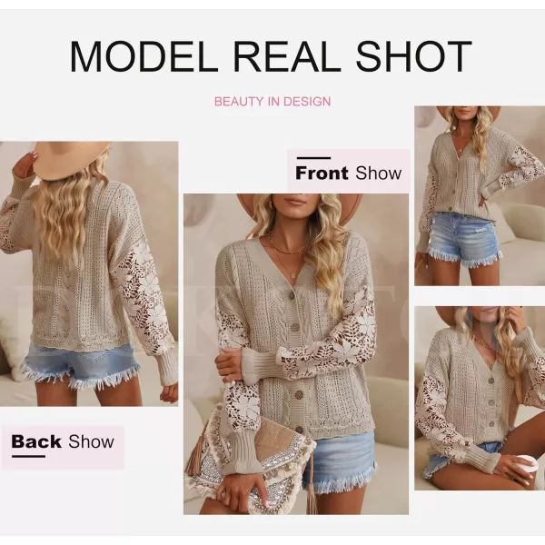 Dokotoo Crochet Lace V Neck Long Sleeve Hollow Out Cable Knit Cardigan for Women Sweaters Tops