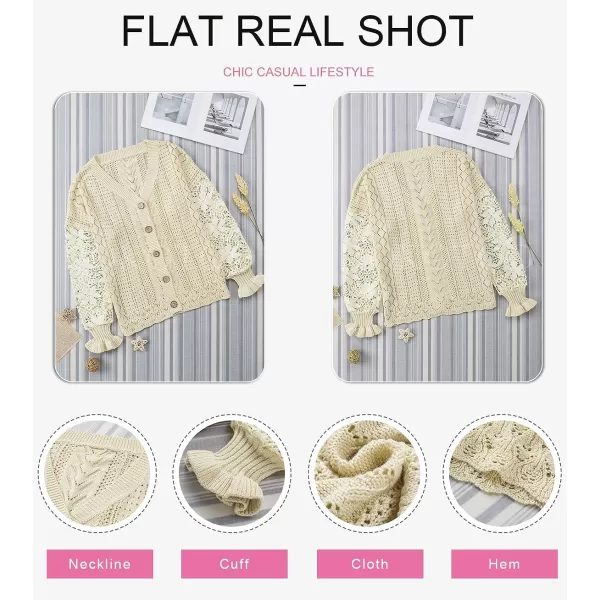 Dokotoo Crochet Lace V Neck Long Sleeve Hollow Out Cable Knit Cardigan for Women Sweaters Tops