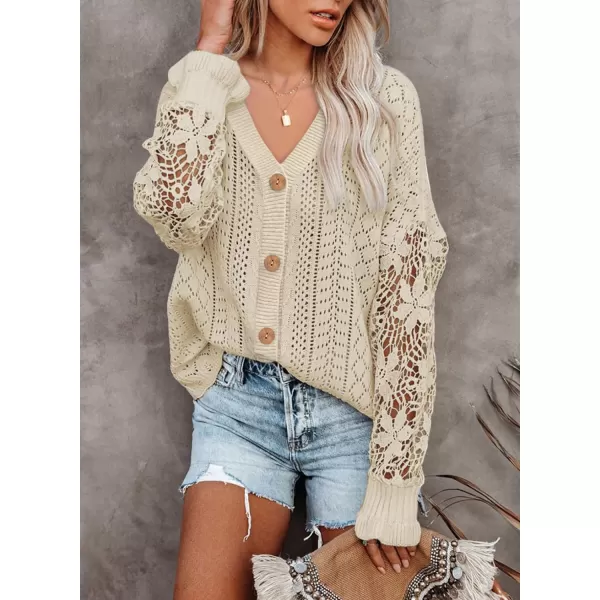 Dokotoo Crochet Lace V Neck Long Sleeve Hollow Out Cable Knit Cardigan for Women Sweaters Tops