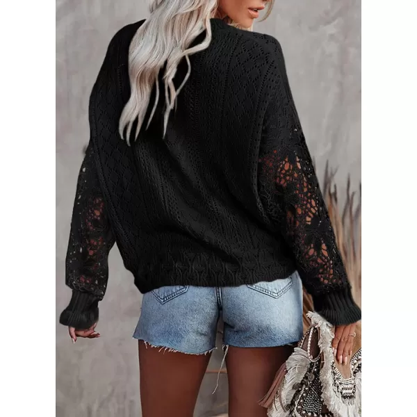 Dokotoo Crochet Lace V Neck Long Sleeve Hollow Out Cable Knit Cardigan for Women Sweaters Tops