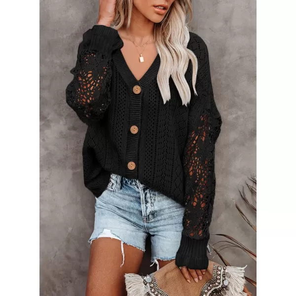 Dokotoo Crochet Lace V Neck Long Sleeve Hollow Out Cable Knit Cardigan for Women Sweaters Tops