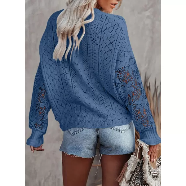 Dokotoo Crochet Lace V Neck Long Sleeve Hollow Out Cable Knit Cardigan for Women Sweaters Tops