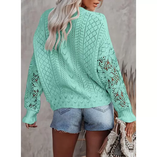Dokotoo Crochet Lace V Neck Long Sleeve Hollow Out Cable Knit Cardigan for Women Sweaters Tops