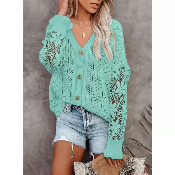 Dokotoo Crochet Lace V Neck Long Sleeve Hollow Out Cable Knit Cardigan for Women Sweaters Tops