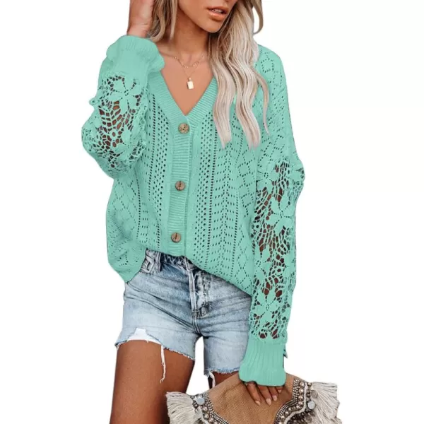 Dokotoo Crochet Lace V Neck Long Sleeve Hollow Out Cable Knit Cardigan for Women Sweaters Tops