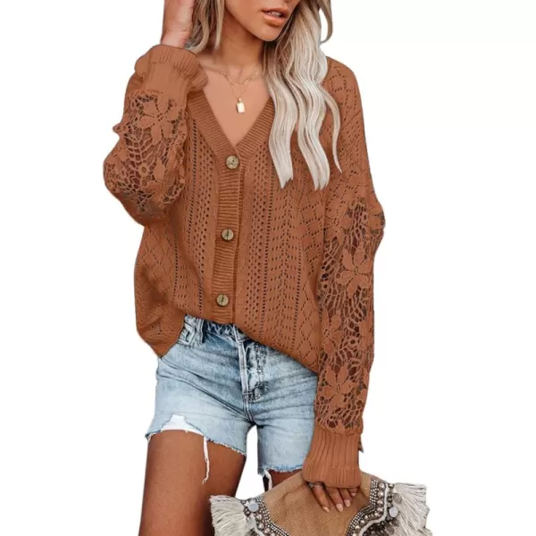 Dokotoo Crochet Lace V Neck Long Sleeve Hollow Out Cable Knit Cardigan for Women Sweaters Tops