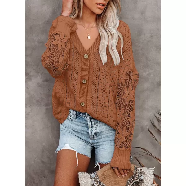 Dokotoo Crochet Lace V Neck Long Sleeve Hollow Out Cable Knit Cardigan for Women Sweaters Tops