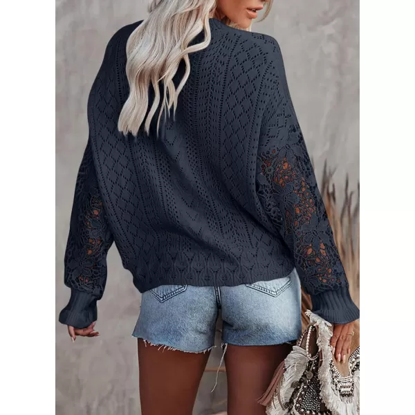 Dokotoo Crochet Lace V Neck Long Sleeve Hollow Out Cable Knit Cardigan for Women Sweaters Tops