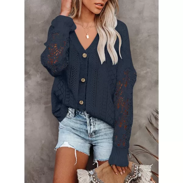 Dokotoo Crochet Lace V Neck Long Sleeve Hollow Out Cable Knit Cardigan for Women Sweaters Tops