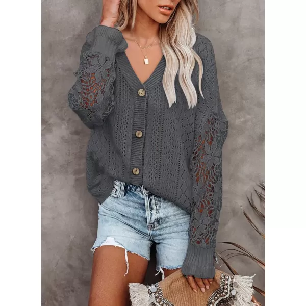 Dokotoo Crochet Lace V Neck Long Sleeve Hollow Out Cable Knit Cardigan for Women Sweaters Tops