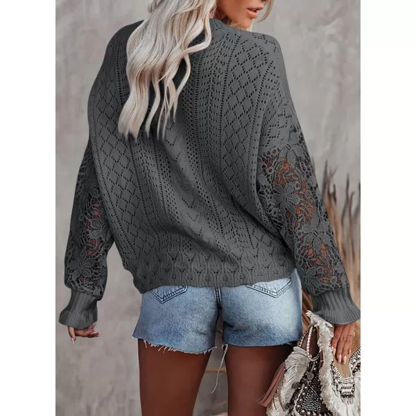 Dokotoo Crochet Lace V Neck Long Sleeve Hollow Out Cable Knit Cardigan for Women Sweaters Tops