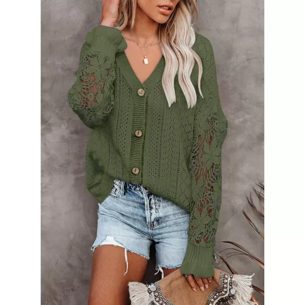 Dokotoo Crochet Lace V Neck Long Sleeve Hollow Out Cable Knit Cardigan for Women Sweaters Tops