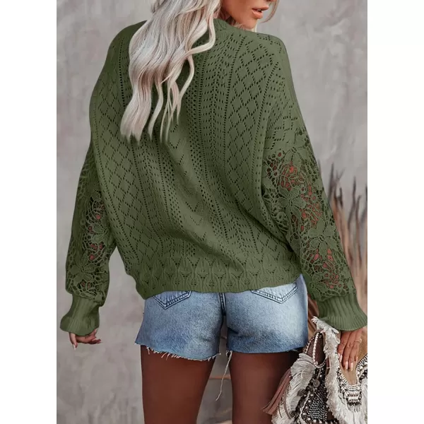 Dokotoo Crochet Lace V Neck Long Sleeve Hollow Out Cable Knit Cardigan for Women Sweaters Tops