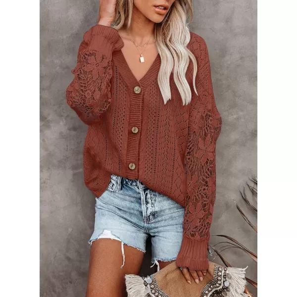 Dokotoo Crochet Lace V Neck Long Sleeve Hollow Out Cable Knit Cardigan for Women Sweaters Tops