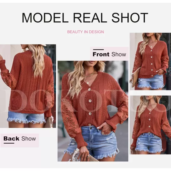Dokotoo Crochet Lace V Neck Long Sleeve Hollow Out Cable Knit Cardigan for Women Sweaters Tops