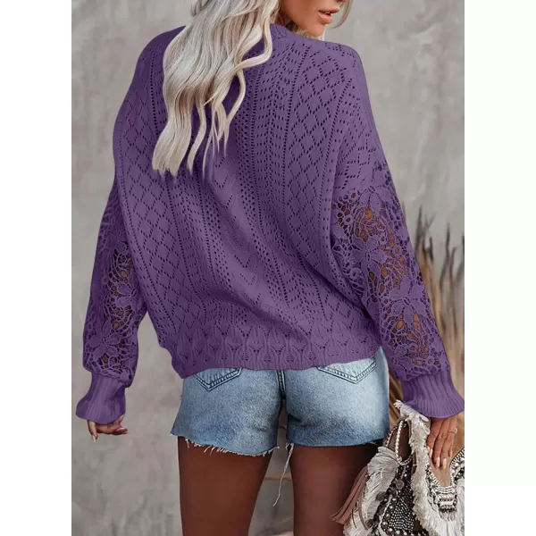 Dokotoo Crochet Lace V Neck Long Sleeve Hollow Out Cable Knit Cardigan for Women Sweaters Tops