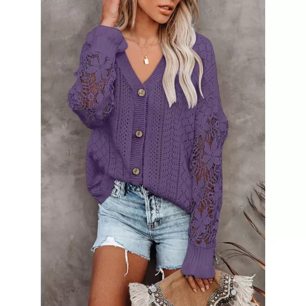 Dokotoo Crochet Lace V Neck Long Sleeve Hollow Out Cable Knit Cardigan for Women Sweaters Tops