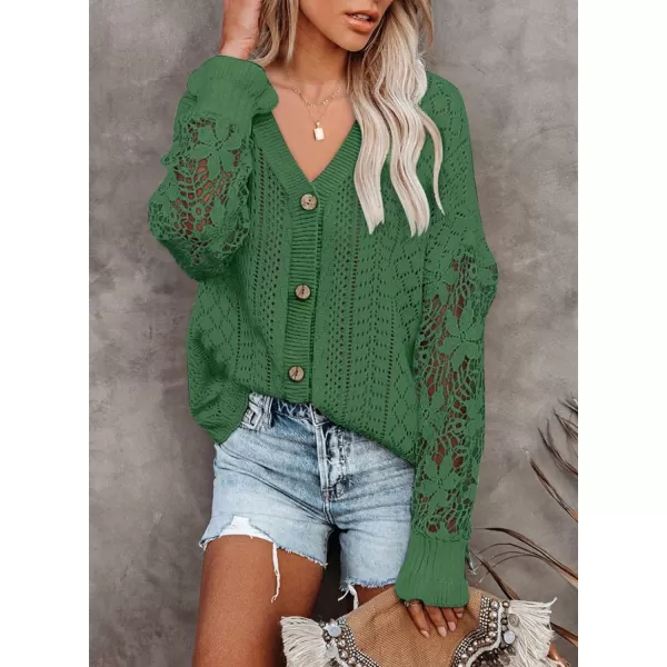 Dokotoo Crochet Lace V Neck Long Sleeve Hollow Out Cable Knit Cardigan for Women Sweaters Tops