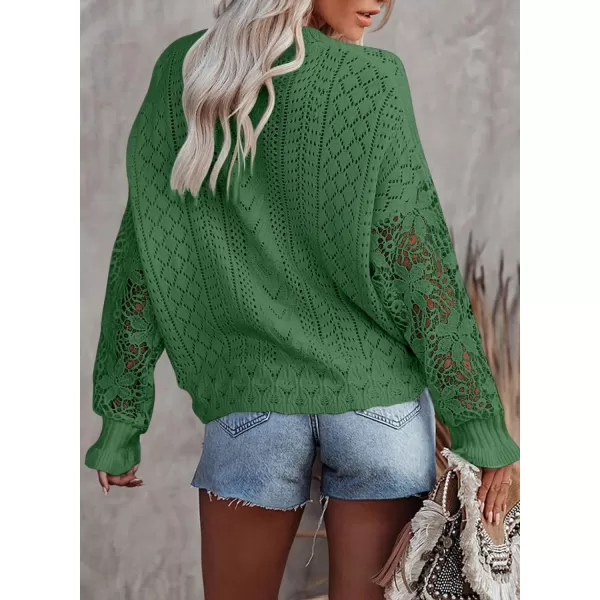 Dokotoo Crochet Lace V Neck Long Sleeve Hollow Out Cable Knit Cardigan for Women Sweaters Tops