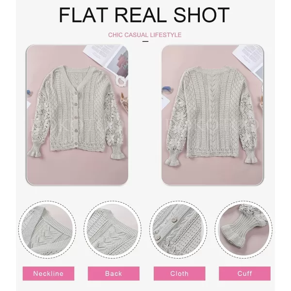 Dokotoo Crochet Lace V Neck Long Sleeve Hollow Out Cable Knit Cardigan for Women Sweaters Tops