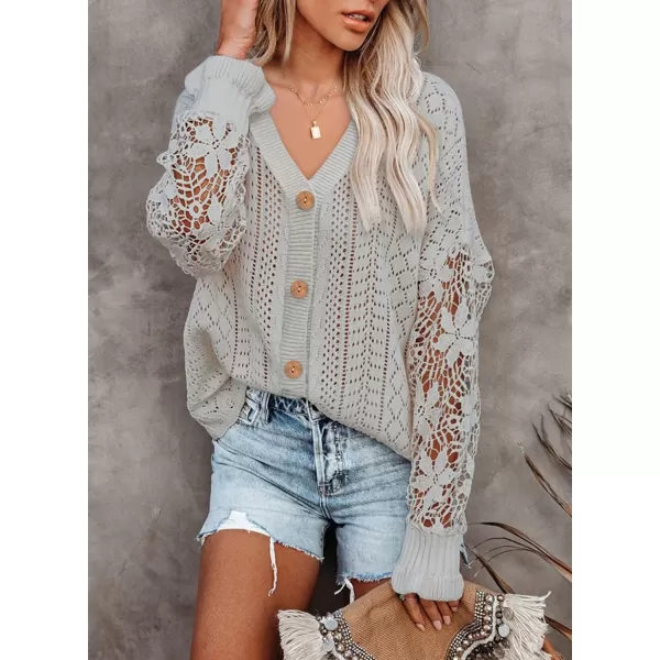 Dokotoo Crochet Lace V Neck Long Sleeve Hollow Out Cable Knit Cardigan for Women Sweaters Tops