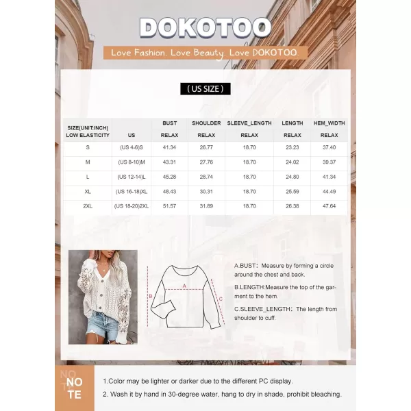 Dokotoo Crochet Lace V Neck Long Sleeve Hollow Out Cable Knit Cardigan for Women Sweaters Tops